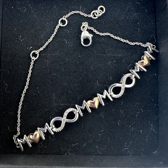 Sterling Silver "Mom" Bracelet w 14 kt Gold Overlay Hearts  & Infinity Symbols - Picture 3 of 14